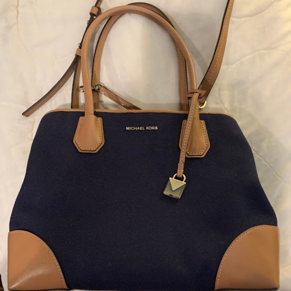 Michael Kors Navy and Tan Satchel